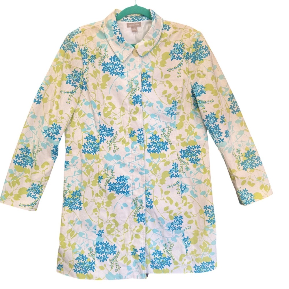 Nordstrom Floral Trench Coat Womens 14 Floral Blue Green Cotton Stretch Jacket